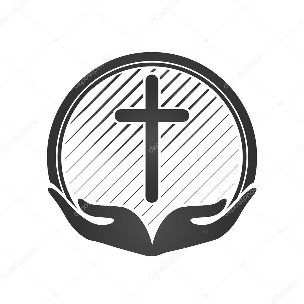 Hands holding Cross, icons or symbols. Religion, Church Christian vector logo