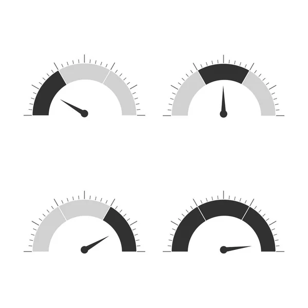 Mätaren ikoner set. Hastighetsmätare display, power interface, manometer med pil för att mäta hastigheten på ett fordon, dieselbrännolja eller temperatur. Vektorillustration platt stil, grått och svart. — Stock vektor