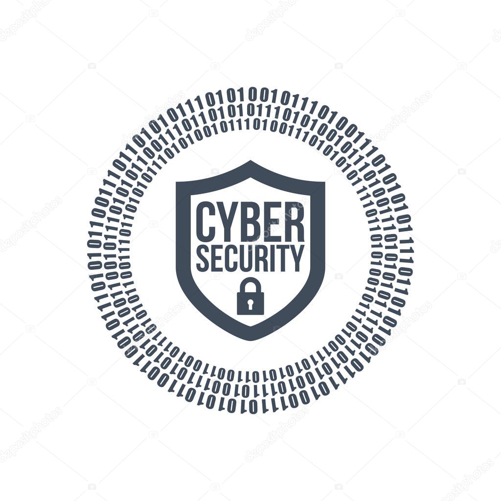 cyber security shield icon or logo. binary digital circles and lock. vector illustration isolated on white background.