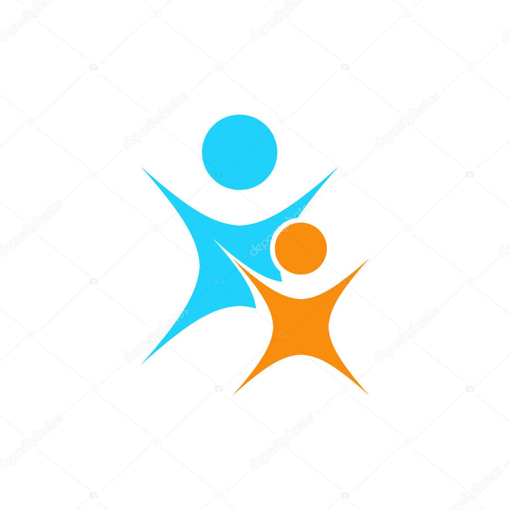 Logo of Adult and child in blue and orange. Two people. Fun. Three persons. Icon for mobile applications.Dancing people. .vector illustration