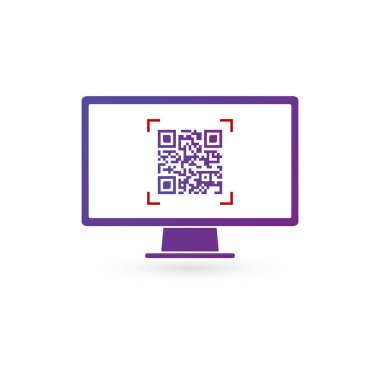 QR kod bilgisayar monitörü, vektör illüstrasyon izole beyaz ekranda