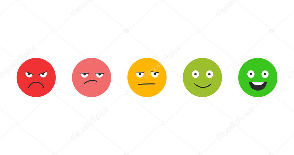 Rating satisfaction. Feedback in form of emotions. Excellent, good, normal, bad awful. Vector illustration isolated on white