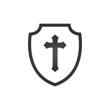 Hıristiyan haç ve kalkan inanç. Hıristiyan kilise vektör logosu. Misyoner simgesi. Dini sembol. Koruma, güvenlik,