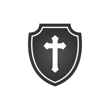 Hıristiyan haç ve kalkan inanç. Hıristiyan kilise vektör logosu. Misyoner simgesi. Dini sembol. Koruma, güvenlik,