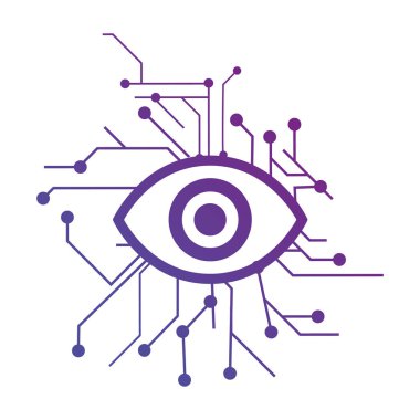 Elektrik anakart devre geleceğin teknolojisi, göz siber güvenlik kavramı, beyaz arka plan üzerinde izole vektör çizim.
