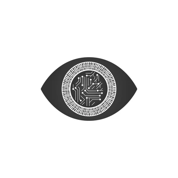 Абстрактный футуристический цифровой технологический глаз с бинарными кругами и линиями материнской платы, концепция кибербезопасности или биометрической. векторная иллюстрация на белом фоне . — стоковый вектор
