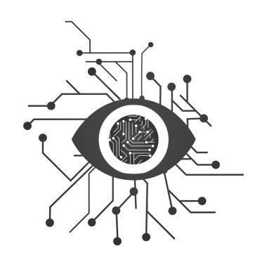 Elektrik anakart devre geleceğin teknolojisi, göz siber güvenlik kavramı, beyaz arka plan üzerinde izole vektör çizim.