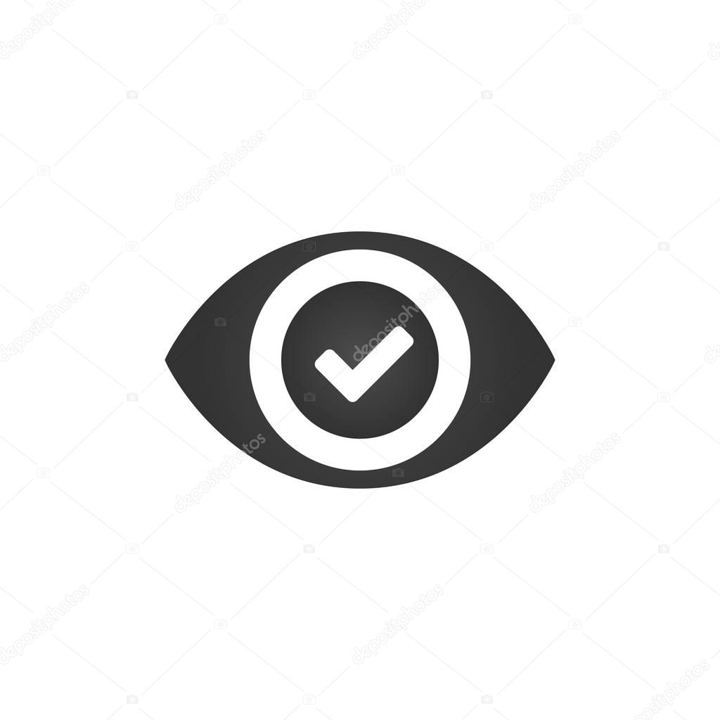 Eye check mark icon . Success monitoring illustration. Parental control logo. Good super vision symbol. Scan Surveillance Sign. Vector illustration isolated on white background.