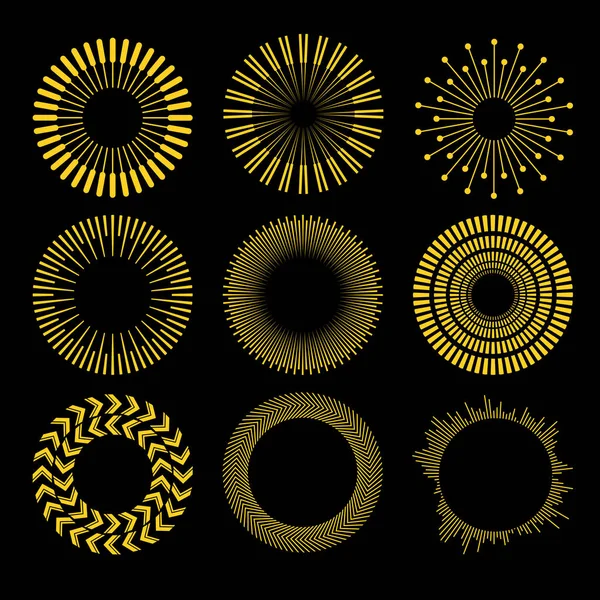 Vektör kümesi daire geometrik süsler. . Dekoratif yuvarlak dekor. Sun set. Siyah arka plan üzerine izole vektör çizim.