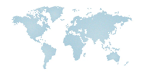 Meio-tom preto pontilhado mapa do mundo azul. Ilustração vetorial. Mapa pontilhado em design plano. Ilustração vetorial isolada sobre fundo branco —  Vetores de Stock