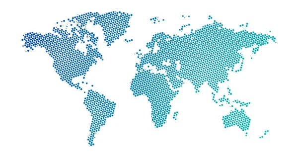 Zwarte raster gestippelde blauwe gradiënt wereldkaart. Vector illustratie. Gestippelde kaart in vlak ontwerp. Vector illustratie geïsoleerd op witte achtergrond — Stockvector