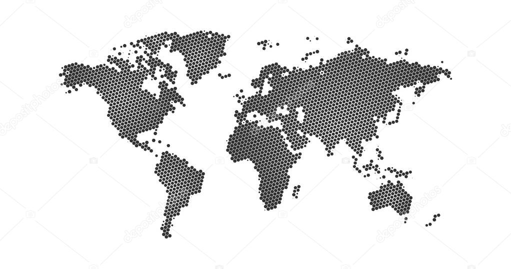 Black halftone hexagon dotted world map. Vector illustration. Dotted map in flat design. Vector illustration isolated on white background