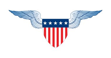 Patriot Wings, Çizgili ve yıldızlı Amerikan Bayrağı Rozeti Kalkanı, Bağımsızlık Günü Konsepti, Vektör illüstrasyonbeyaz arka plan üzerinde izole