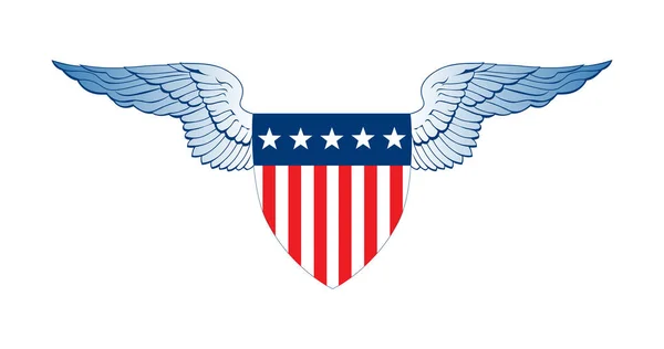 Patriot Wings, Amerikai zászló BADGE Shield a csíkok és csillagok, a függetlenség napja Concept, vektor illusztráció elszigetelt fehér háttér — Stock Vector