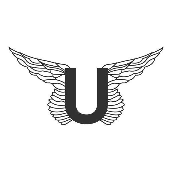 Κομψό δυναμικό γράμμα U με φτερά. Γραμμική σχεδίαση. Μπορεί να χρησιμοποιηθεί για τατουάζ, οποιαδήποτε υπηρεσία μεταφοράς ή σε αθλητικές περιοχές. Απεικόνιση διανύσματος απομονωμένη σε λευκό φόντο — Διανυσματικό Αρχείο