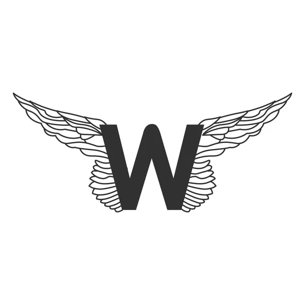 优雅的动态字母W与翅膀。线性设计。可用于纹身、任何交通服务或运动区。在白色背景上隔离的矢量插图 — 图库矢量图片