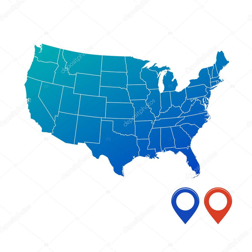 Map of USA in blue color with map pins. Vector illustration isolated on white background