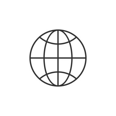 Doğrusal küre vektörü. Trendy düz dünya dünya anahat ui işareti tasarımı. Web sitesi, mobil uygulama için ince doğrusal ağ grafik pictogram. Beyaz arka planda yalıtılmış vektör çizimi