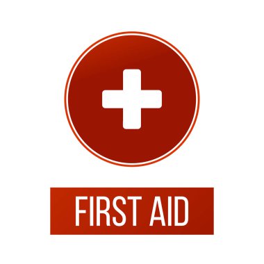 Daire içinde ilk yardım tıbbi işareti, uygulamalar için düz vektör simgesi, web sitesi, etiketler, işaretler, çıkartmalar. Beyaz arka planda yalıtılmış vektör çizimi