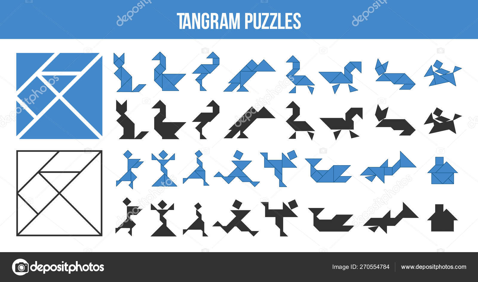 Printable Tangram, puzzle game. Set of shapes for kids activity