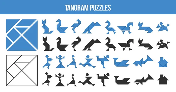 Yazdırılabilir Tangram, bulmaca oyunu. Geometrik şekilleri öğrenmeye yardımcı olan çocuklar için şekiller kümesi. Hayvanlar, kuşlar, balıklar ve üçgen, kare ve paralelkenar yapılmış insanlar. Vektör Illustratio