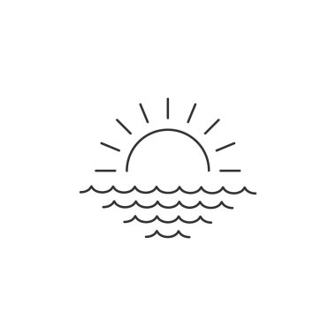 Gündoğumu veya gün batımı deniz lineer minimal tek düz simge üzerinde. Deniz ve dalgalar hattı vektör simgesi. Beyaz arka planda yalıtılmış vektör çizimi