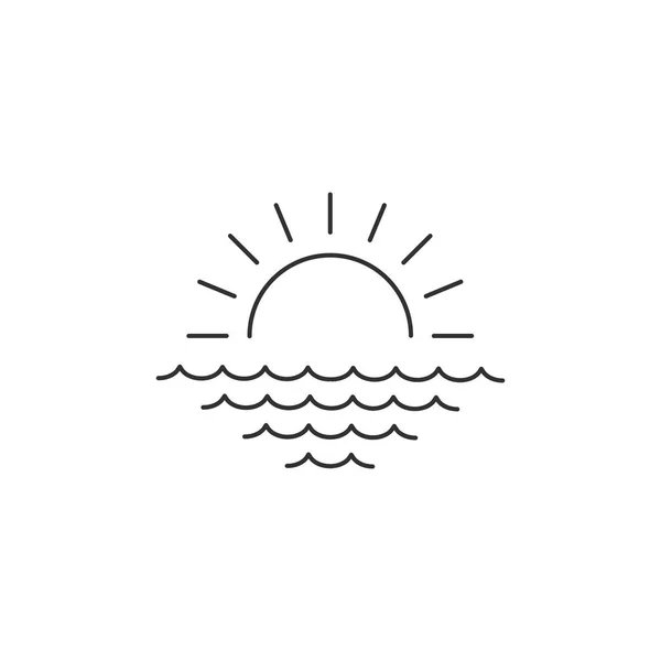 Napkelte vagy napnyugta felett a tenger lineáris minimális egyágyas lakás ikonra. Tenger-és hullámok vonal vektor ikonra. Vektoros illusztráció izolált fehér háttér — Stock Vector