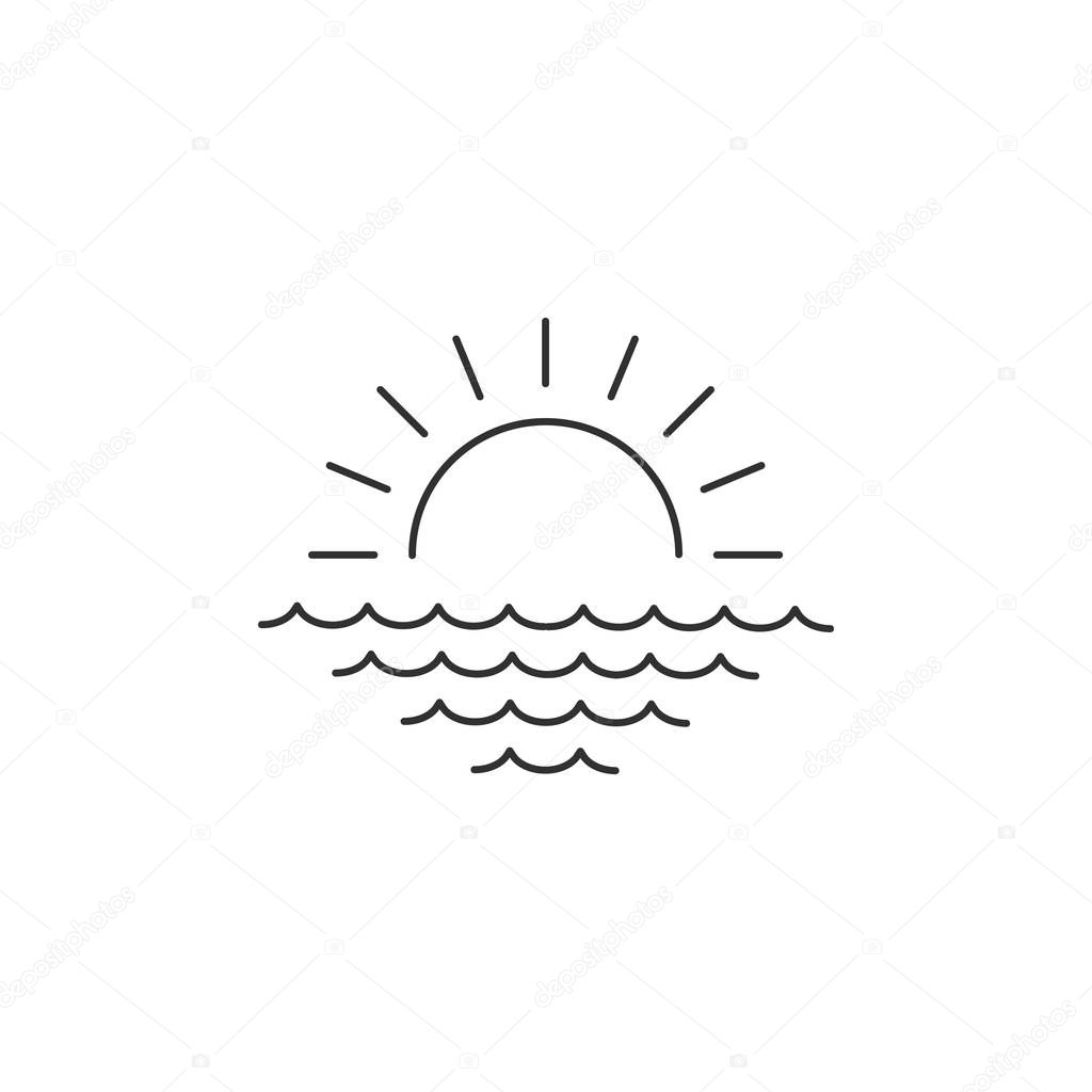 Sunrise or sunset over the sea linear minimal single flat icon. Sea and waves line vector icon. Vector illustration isolated