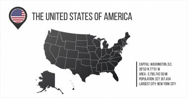 Genel bilgi ve bayrak harita pin ile Bize Harita. Infographics tasarım. Bilgi grafiği şablonu. beyaz arka planda yalıtılmış vektör çizimi.