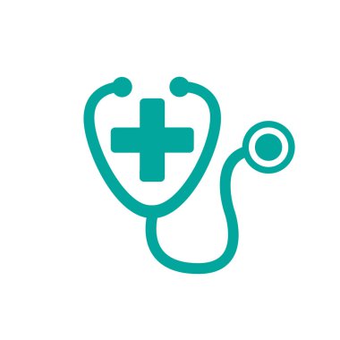 Çapraz simgeli stetoskop. Klinik ve Kardiyoloji piktogramı, beyaz arka planda izole edilmiş düz vektör işareti.