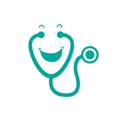 Sevimli gülümseyen stetoskop, gülen Klinik ve Kardiyoloji piktogram. Beyaz arka planda yalıtılmış vektör çizimi
