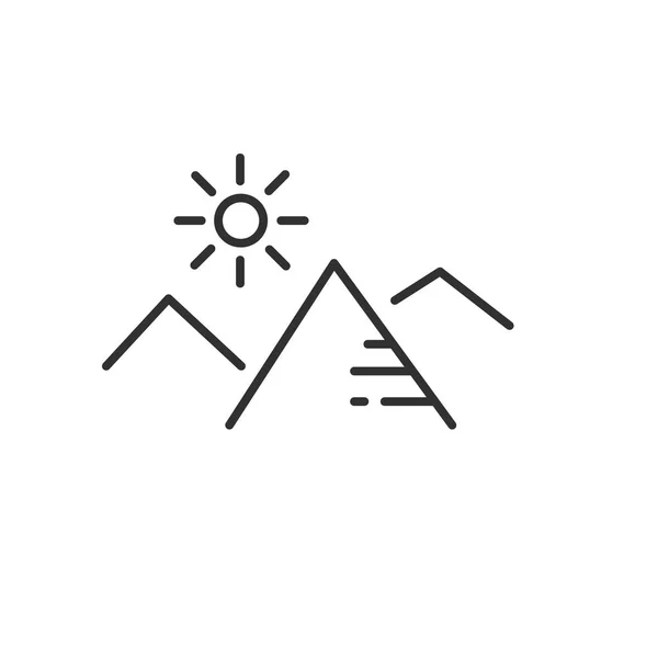 Βουνά και ήλιο επίπεδη γραμμικό εικονίδιο σε μαύρο και άσπρο χρώμα. Εικονίδιο διάνυσμα γραμμής για ιστοσελίδες και κινητή μινιμαλιστική επίπεδη σχεδίαση. — Διανυσματικό Αρχείο