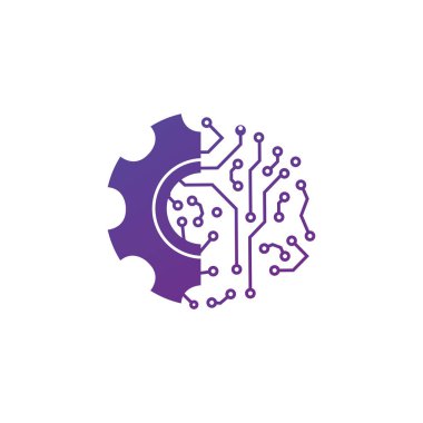 Dijital mekanik teknoloji logosu kavram illüstrasyon. Dişli elektronik işaret. Dişli tekerlek teknolojisi sembolü. Beyaz arka planda stok vektör çizimi.