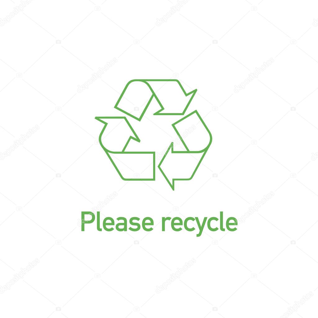 Green Linear recycle icon with text Please recycle. Stock Vector illustration isolated on white background.