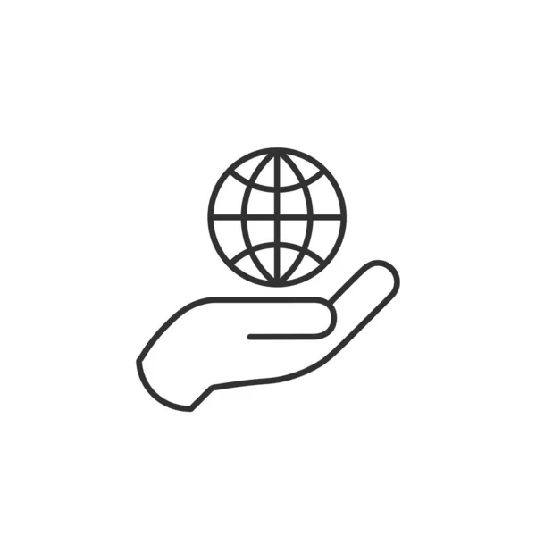 Mão linear segurando ícone globo, símbolo de terra. Ilustração do vetor de estoque isolado no fundo branco . —  Vetores de Stock