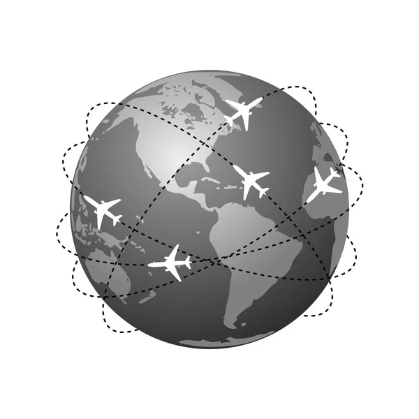 世界旅行とビジネスのシンボルとして 世界中の航空ルート それのまわりの抽象的な飛行機ルートで白い背景に孤立した惑星地球 ベクトル図 — ストックベクタ