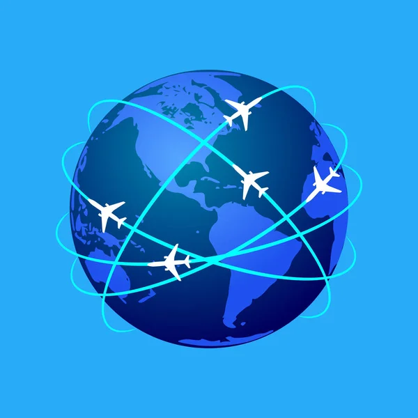 世界各地的航空航线是全球旅游和商业的象征 五颜六色的地球在蓝色背景与抽象的飞机路线围绕它 向量例证 — 图库矢量图片