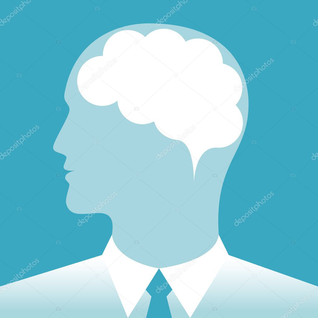 Abstract outline head businessman with thought in brain. Vector illustration isolated on blue green background