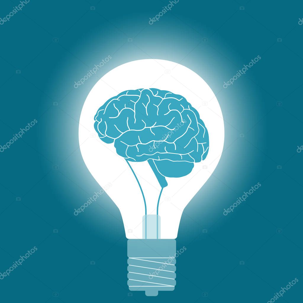 Light bulb with brain in the darkness as symbol creative idea. Brainstorm startup. Invention and inspiration banner. Business concept. Vector illustration