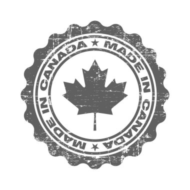 Kanada'da yapılan metin ile pul. Logo Kanada kalite. Akçaağaç yaprağı daire kapatın. Simge sigorta primi kalite. Kanada'da yapılan etiket. Vektör çizim