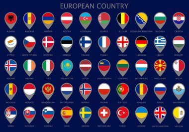İşaretçiler alfabetik sıraya göre Avrupa ülkelerinin tüm resmi ülke bayrakları ile eşleyin. Renkli harita simgesi. Soyut vektör çizim.