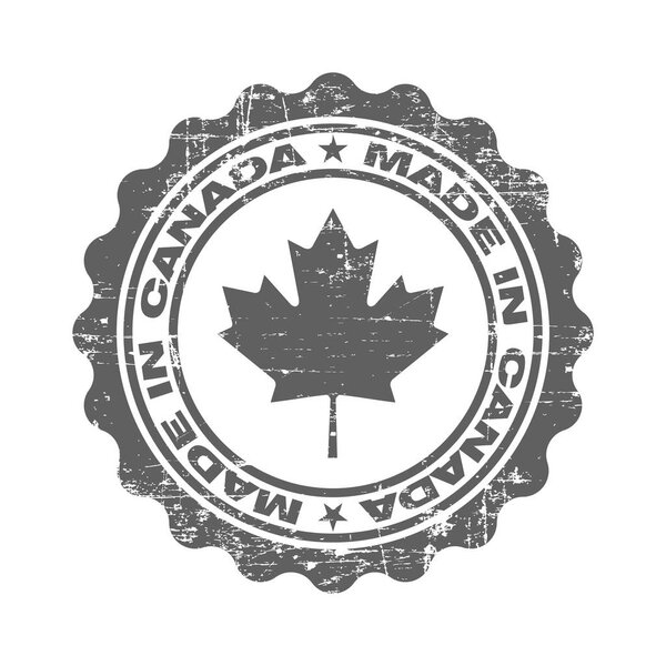 Stamp with text made in Canada. Logo canadian quality. Seal  maple leaf in circle. Icon premium quality. Label made in Canada. Vector illustration