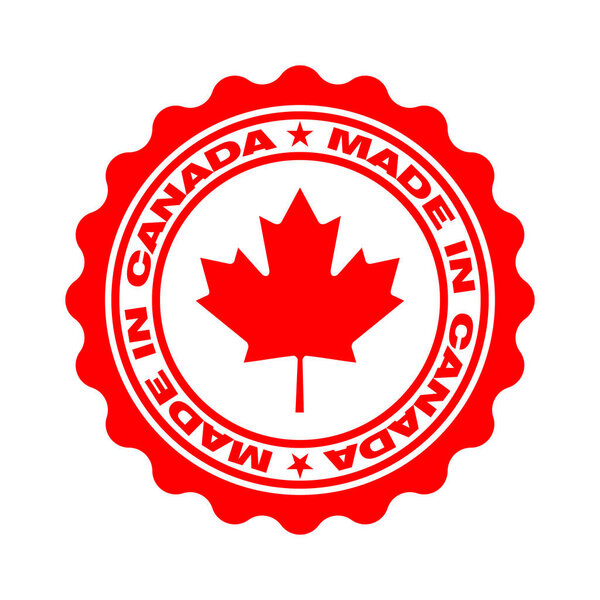Stamp with text made in Canada. Logo canadian quality. Seal  maple leaf in circle. Icon premium quality. Label made in Canada. Vector illustration