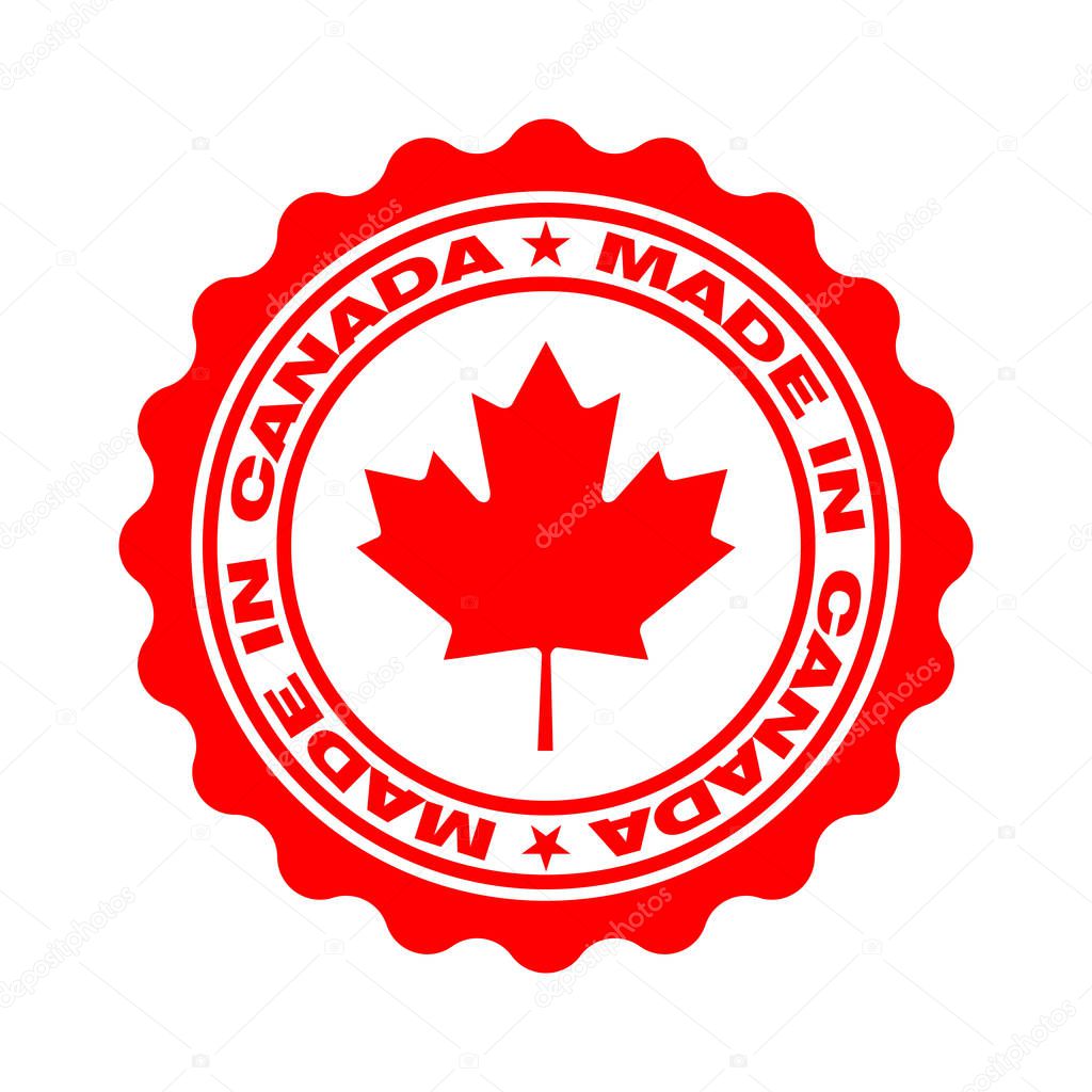 Stamp with text made in Canada. Logo canadian quality. Seal  maple leaf in circle. Icon premium quality. Label made in Canada. Vector illustration
