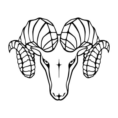 Simge koç. Sembol argali. Siyah işareti beyaz arka plan üzerinde izole ram kafa. Soyut düz vektör çizim