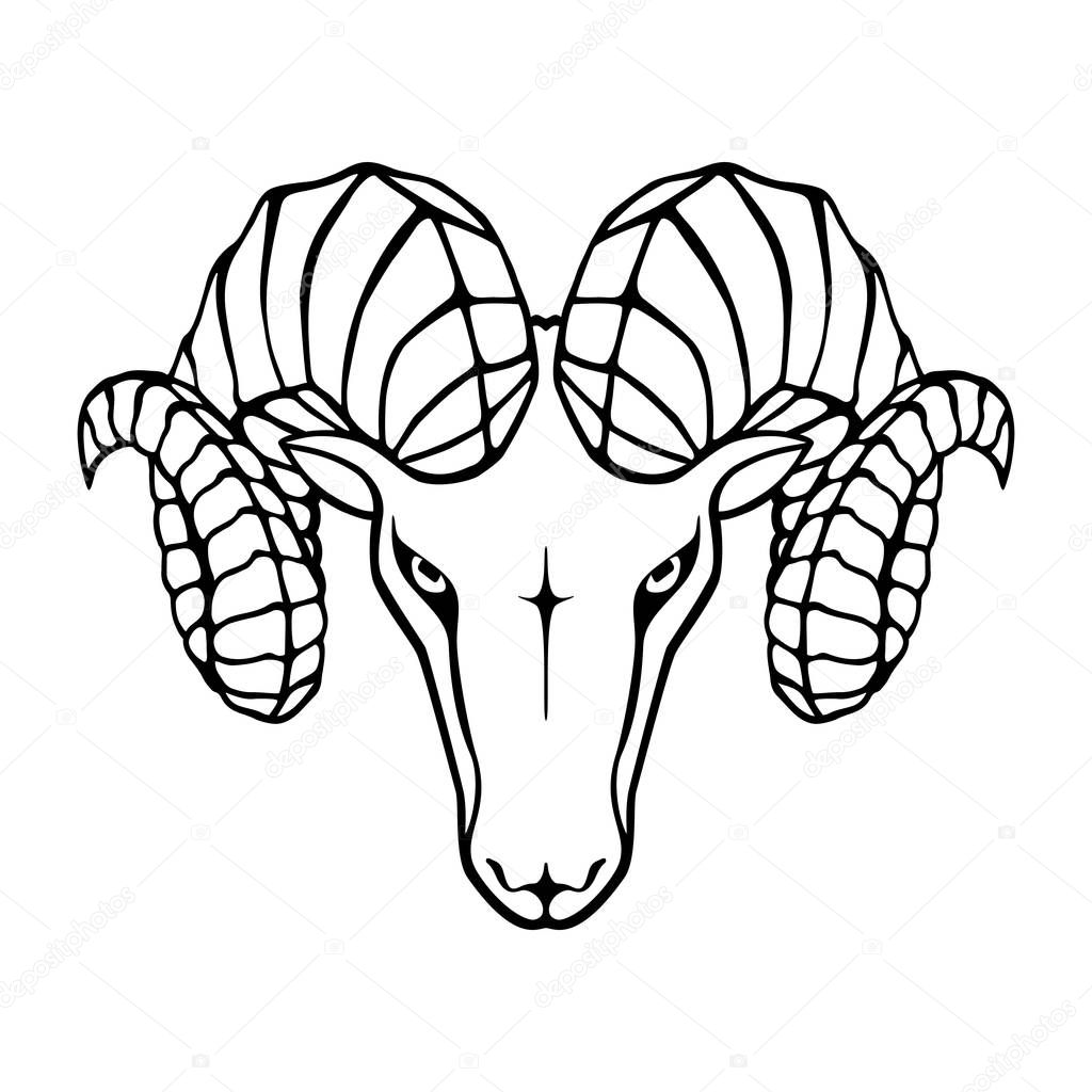 Icon aries. Symbol argali. Black sign head ram isolated on white background. Abstract flat vector illustration