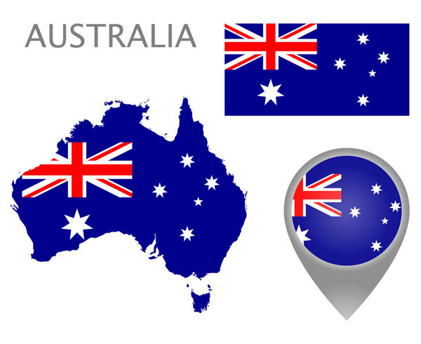 Colorful flag, map pointer and map of Australia in the colors of the Australian flag. High detail. Vector illustration