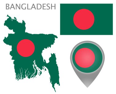 Renkli bayrak harita işaretçi ve Bangladeş Haritası Bangladeşli bayrak renkleri. Yüksek detay. Vektör çizim
