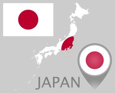 Renkli bayrak harita işaretçi ve Japonya haritası Japon bayrağı renkleri. Yüksek detay. Vektör çizim