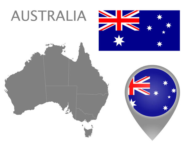Colorful flag, map pointer and gray map of Australia with the administrative divisions. High detail. Vector illustration